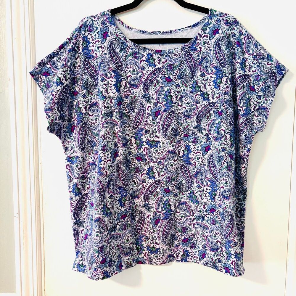 J. Jill one-pocket short-sleeve tee XL blue multi paisley print cotton spandex